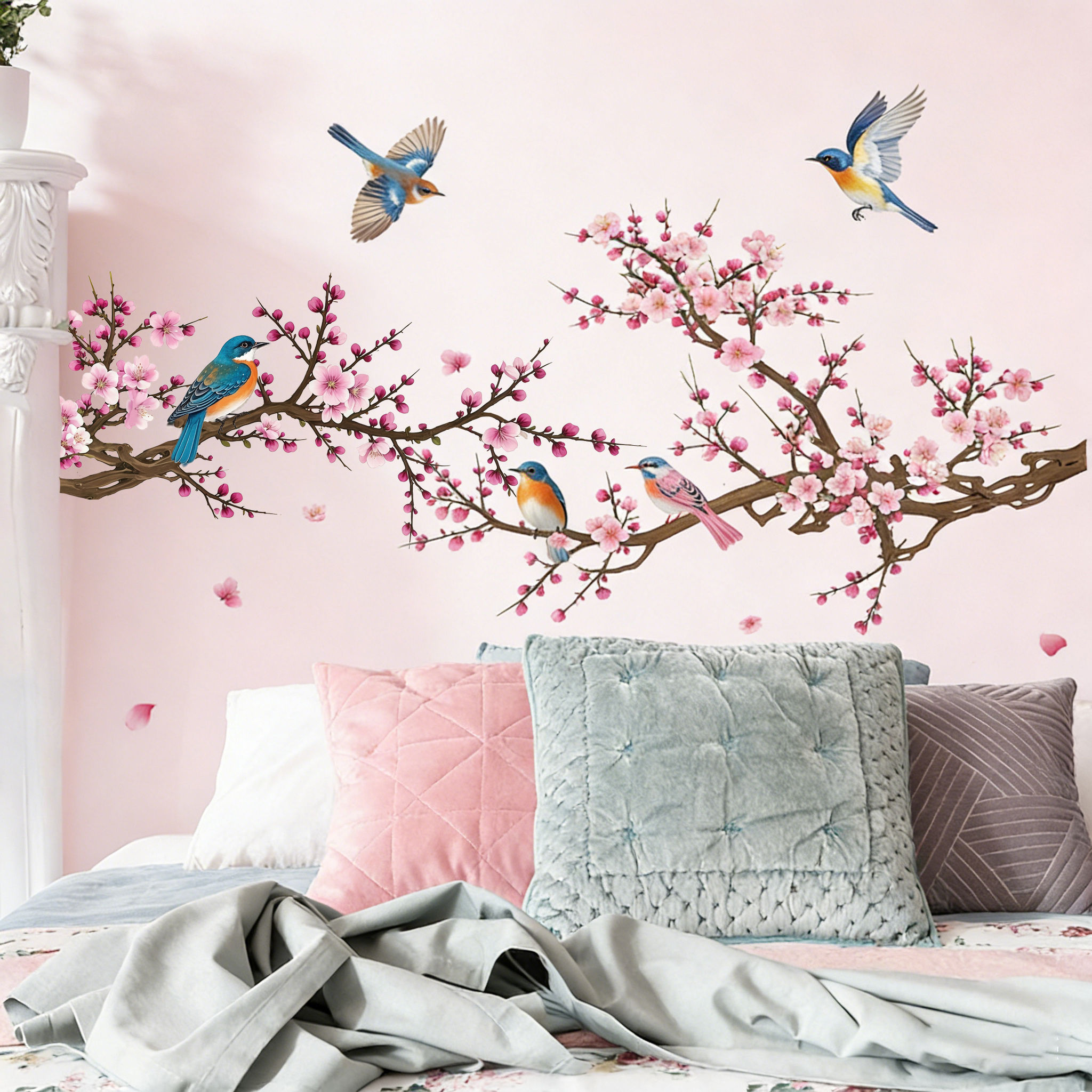 Branching Bird Cherry Blossom Wall Stickers Self-Adhesive Living Room Home Decor