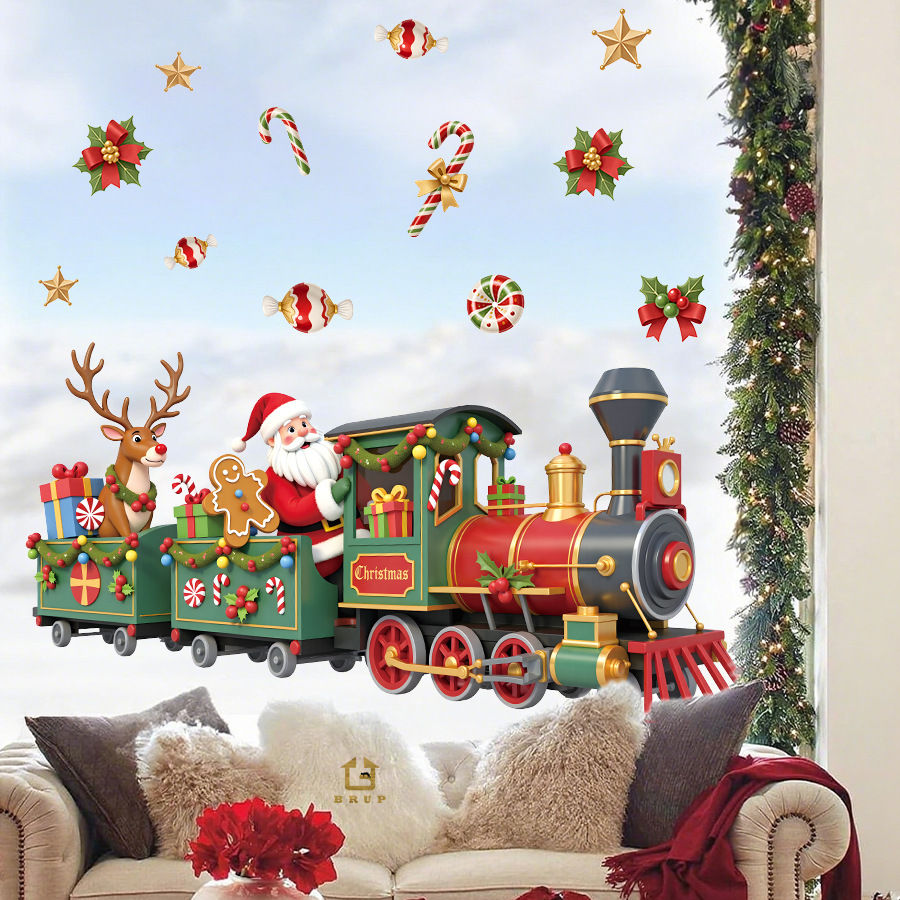 Thumbnail: Whimsical Santa Train Christmas Wall Stickers With Candy Holly Removable Self-Ad