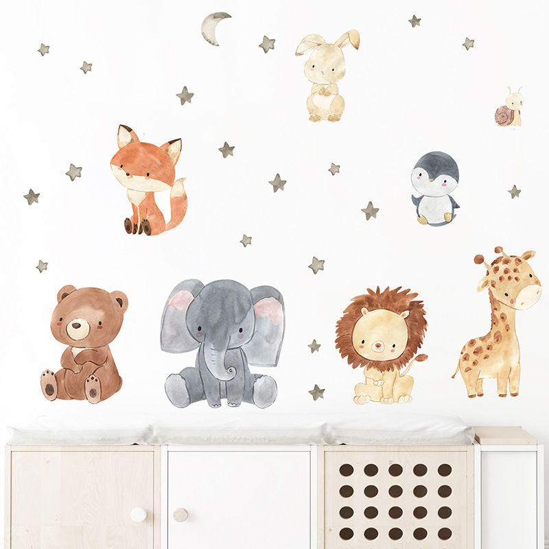 Thumbnail: Cartoon Cute Animals Wall Stickers Elephant Giraffe Bear Fox For Children's Room