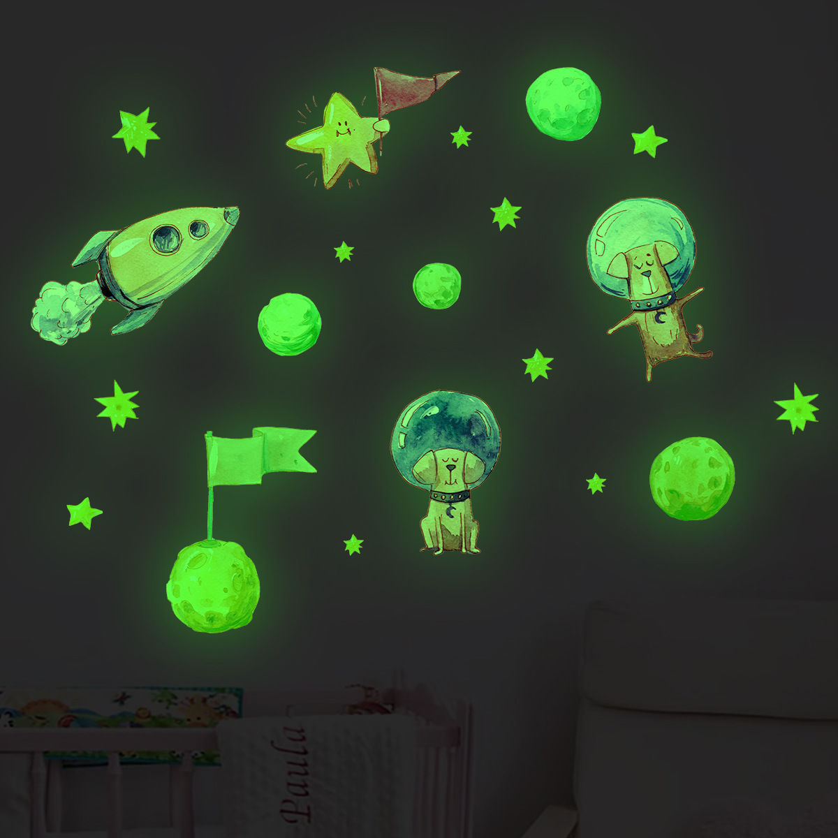 Cartoon Puppy Astronaut Planet Spaceship Luminous Sticker Glow In The Dark For C