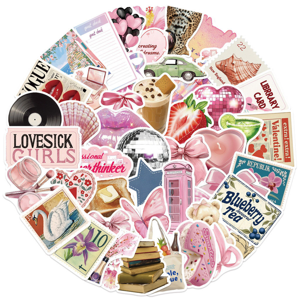 50-Piece Cartoon Pink Aesthetic Series Stickers - Waterproof PVC Decorative Deca