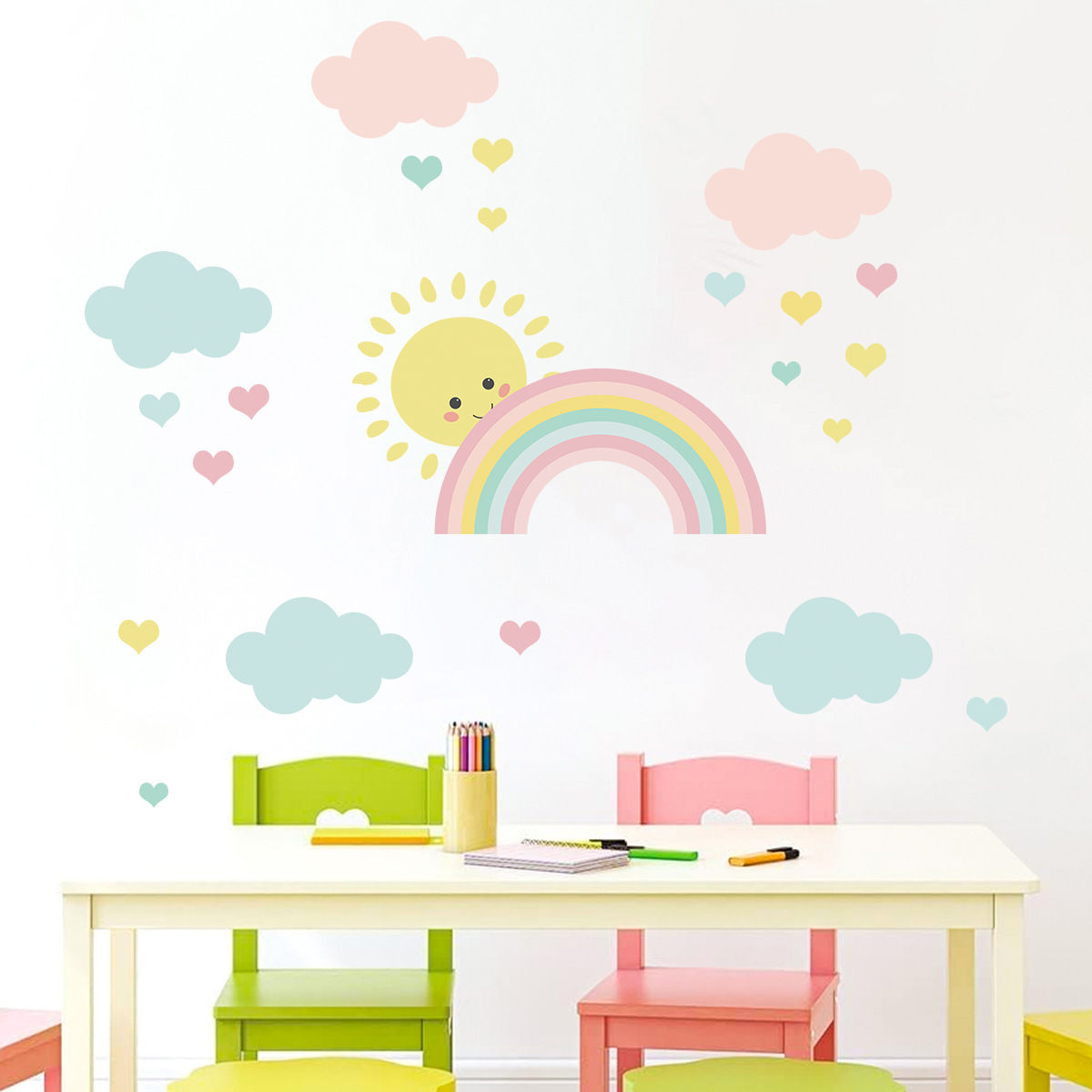 Cartoon Sun Rainbow Clouds Wall Decals Nursery Girls Boys Bedroom Decor Art Stic