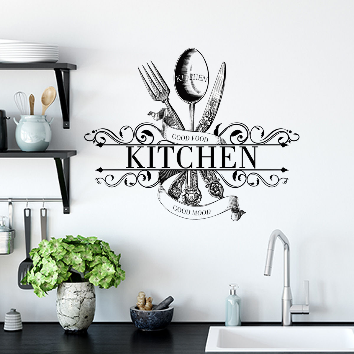 Contemporary "GOOD FOOD " Kitchen Wall Decal - Self-Adhesive, Removable PVC Stic