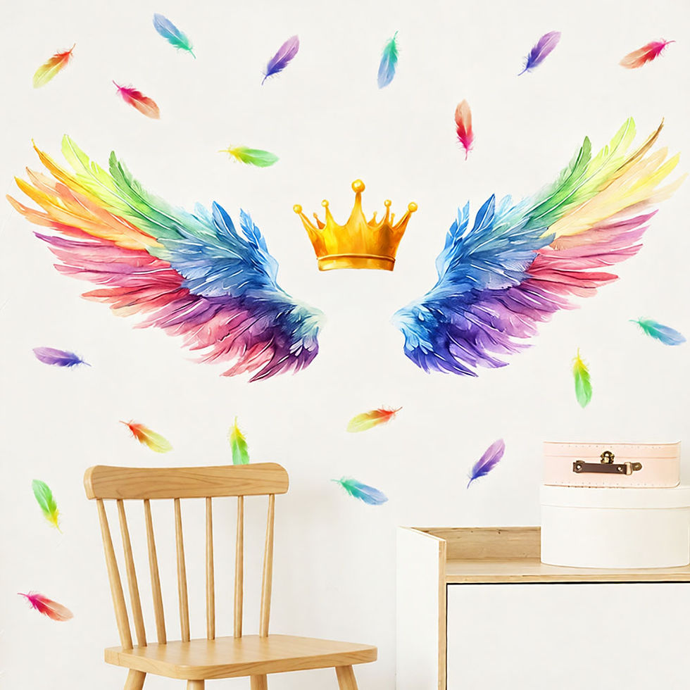 Thumbnail: Removable Fantasy Wall Sticker, Rainbow Angel Wings with Golden Crown & Feathers