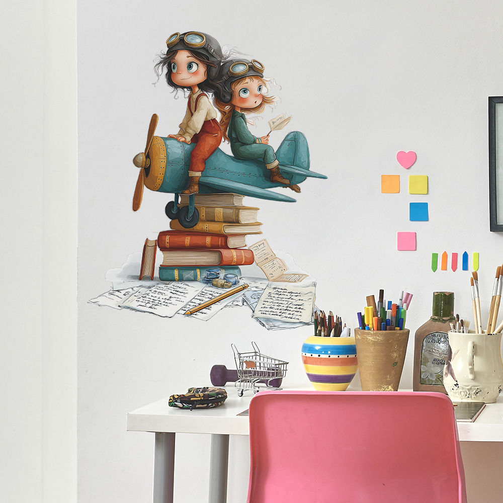 Cartoon Book Airplane Wall Sticker Removable PVC Wall Decoration Suitable For Ki