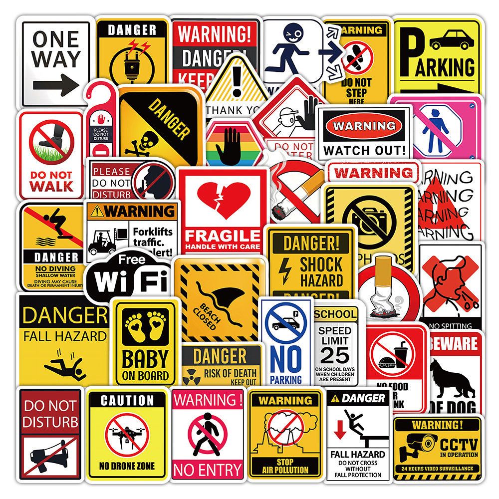 50Pcs Warning Sign Stickers Safety Alert Graphic Decals for Daily Decor Recordin