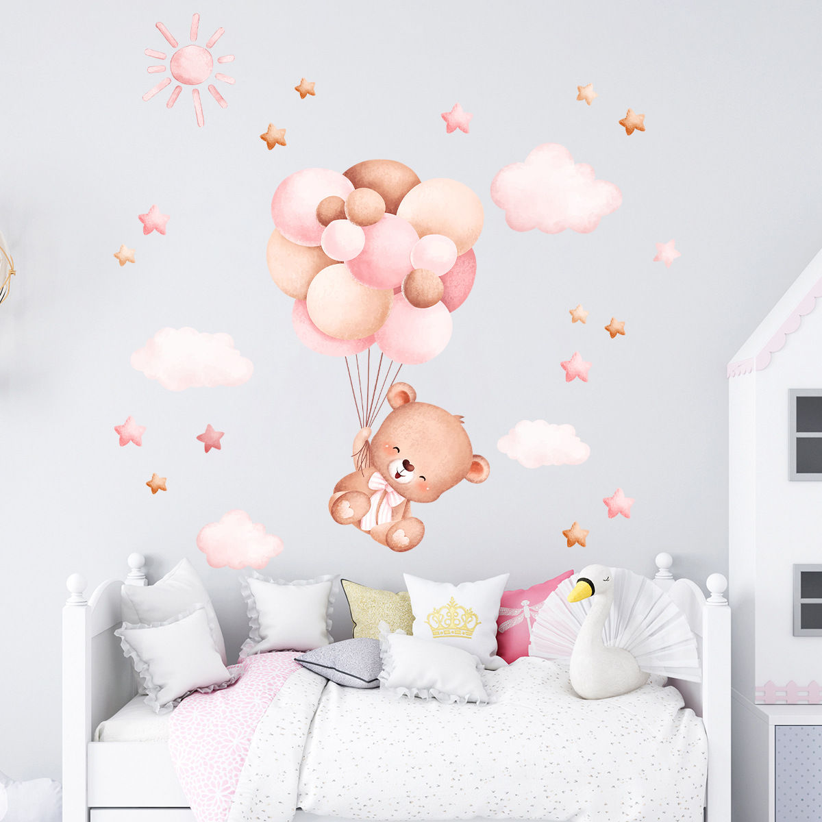 Little Bear Cloud Star Balloon Wall Stickers For Children's Room Kids Bedroom Ba