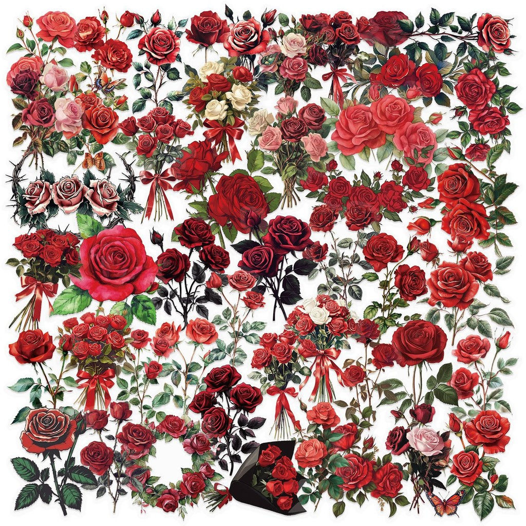 50PCS Transparent Vintage Red Rose Sticker Pack Waterproof Clear PET for Scrapbo