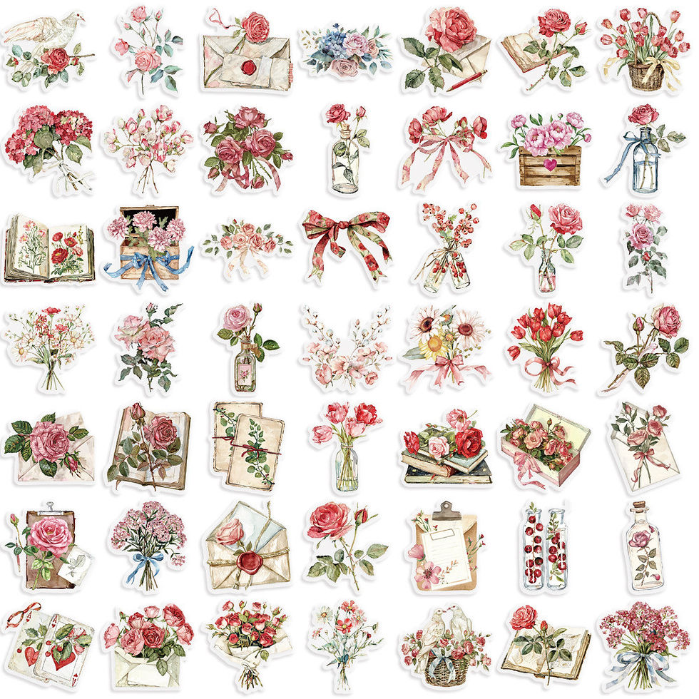 Thumbnail: 50Pcs Cartoon Flowers & Letters PET Transparent Stickers Phone Case Journal Lugg