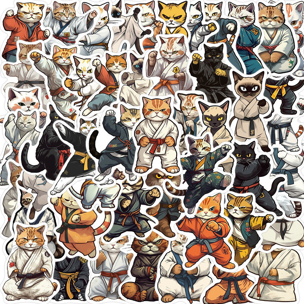 50 Pcs Cartoon Kung Fu Cat Graffiti Stickers - Waterproof Decor for Guitars, Not