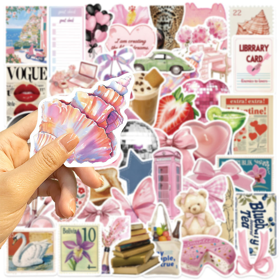Thumbnail: 50-Piece Cartoon Pink Aesthetic Series Stickers - Waterproof PVC Decorative Deca