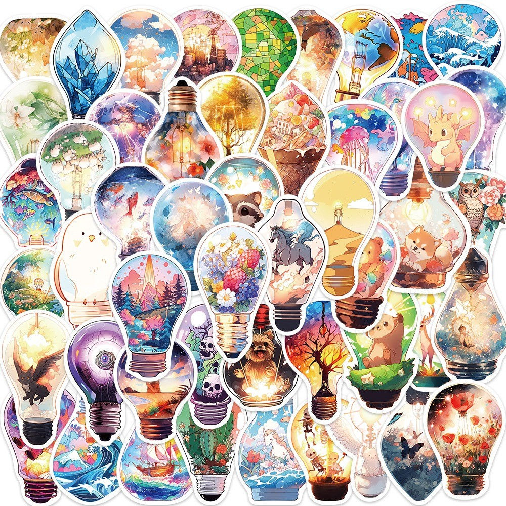 50-Piece Original Light Bulb World Stickers - DIY Waterproof Decor for Guitars,