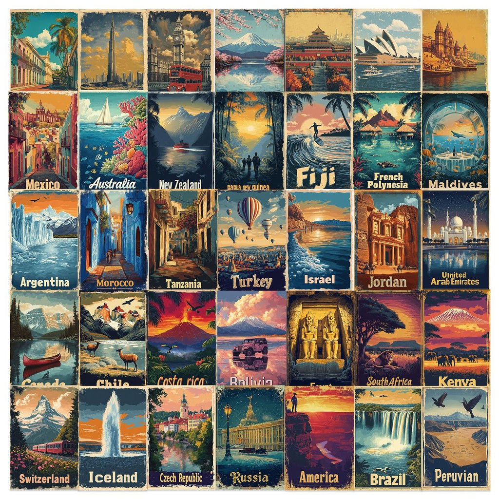 50PCS Cartoon Vintage Travel Poster Graffiti Stickers - Waterproof DIY Decor for