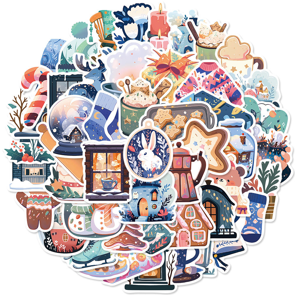 50PCS Cartoon Blue Christmas Graffiti Sticker Crystal Ball Warm Winter Phone En