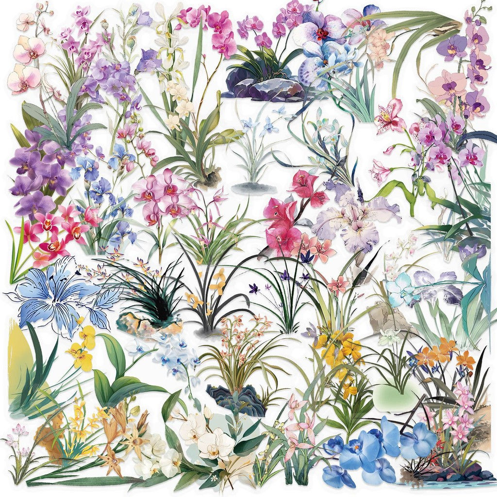 50PCS Transparent INS Orchid Grass Sticker Pack - Waterproof PET for Scrapbookin