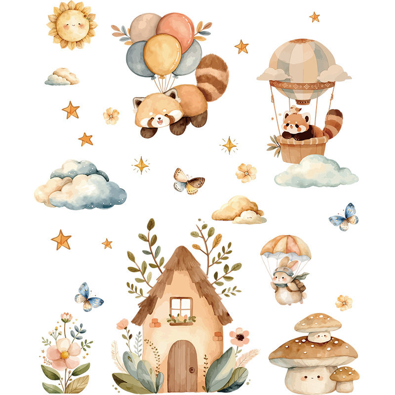 Thumbnail: Watercolor Animals Hot Air Balloon House Wall Stickers for Kids Room Baby Nurser
