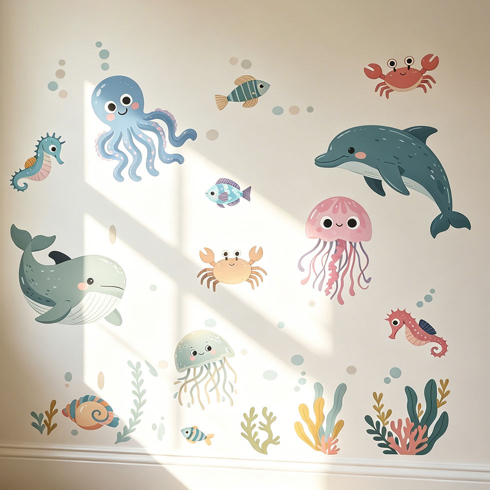 Thumbnail: Light-colored watercolor marine animals, underwater world, cute whales, seahorse