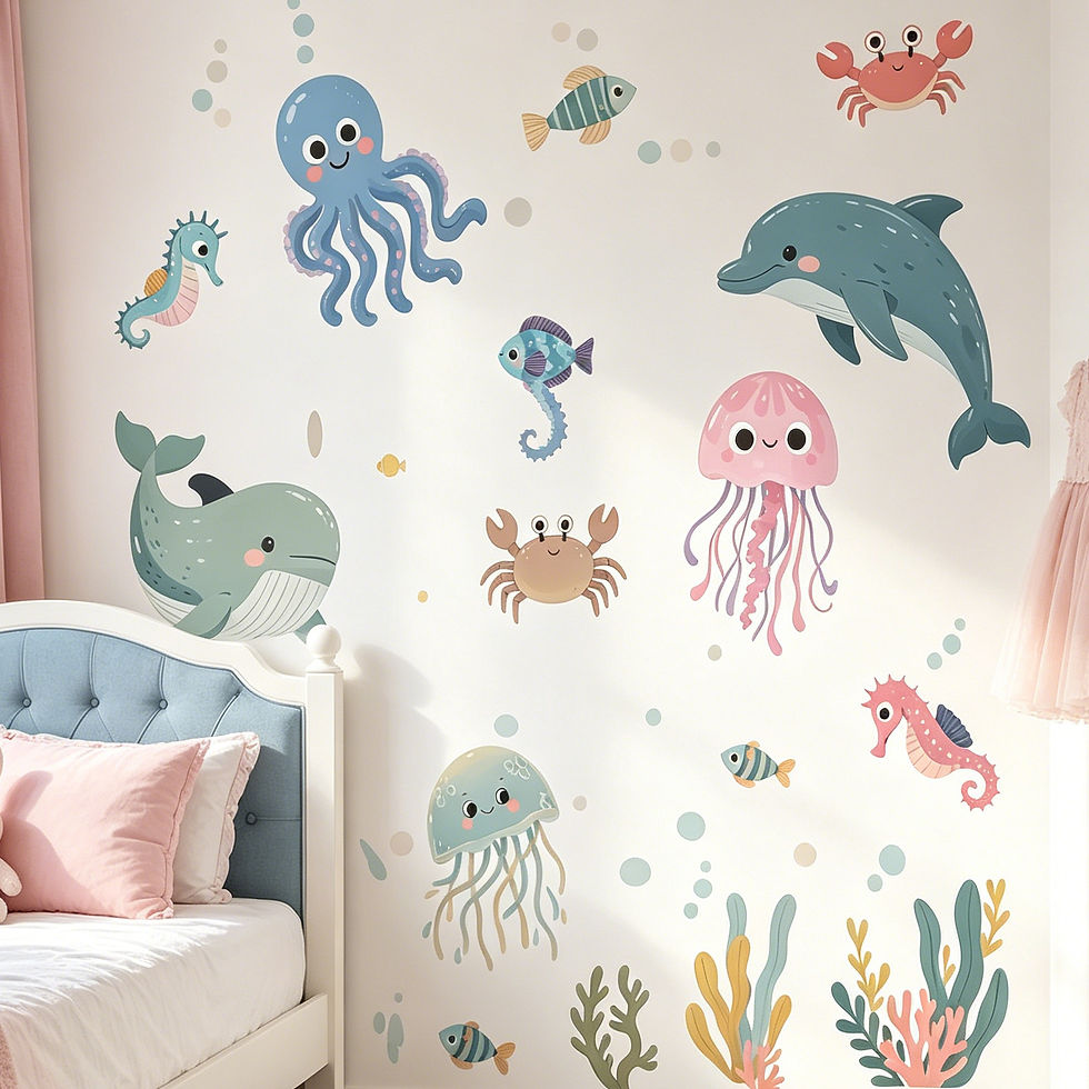Thumbnail: Light-colored watercolor marine animals, underwater world, cute whales, seahorse