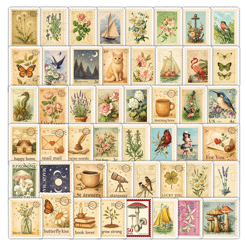 50Pcs Vintage Stamp Style Stickers Retro Postage Aesthetic Decals for Journal DI