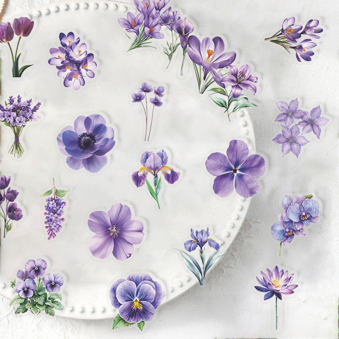 Thumbnail: 50pcs Transparent Purple Flower Stickers | Waterproof PET Decals for Guitar & Jo