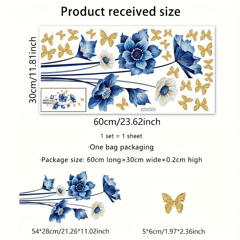 Thumbnail: Waterproof Blue Flower & Gold Butterfly Wall Decal, Removable Bathroom & Shower 