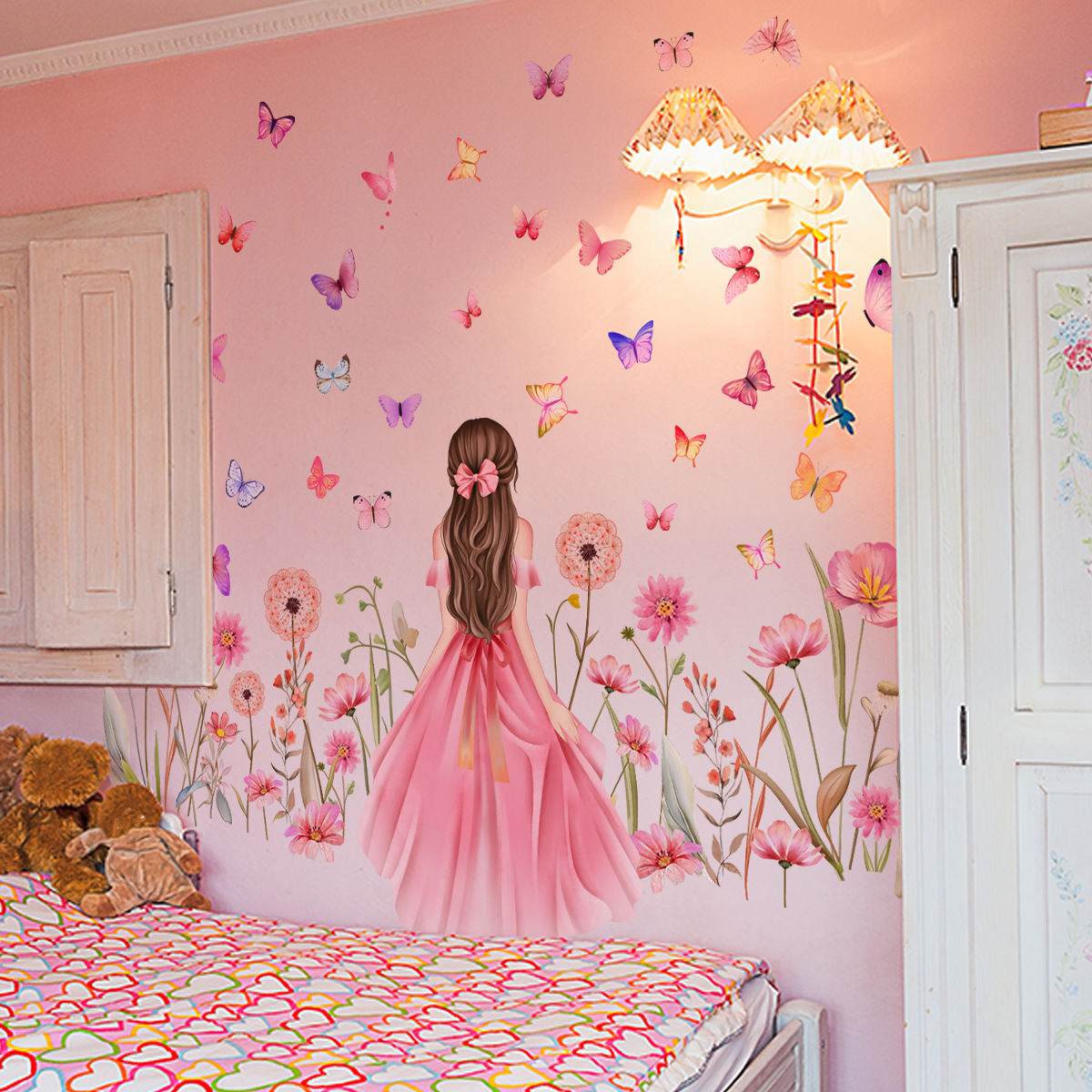 Cartoon Girl Flowers Butterflies Wall Stickers For Children's Room Kids Baby Bed