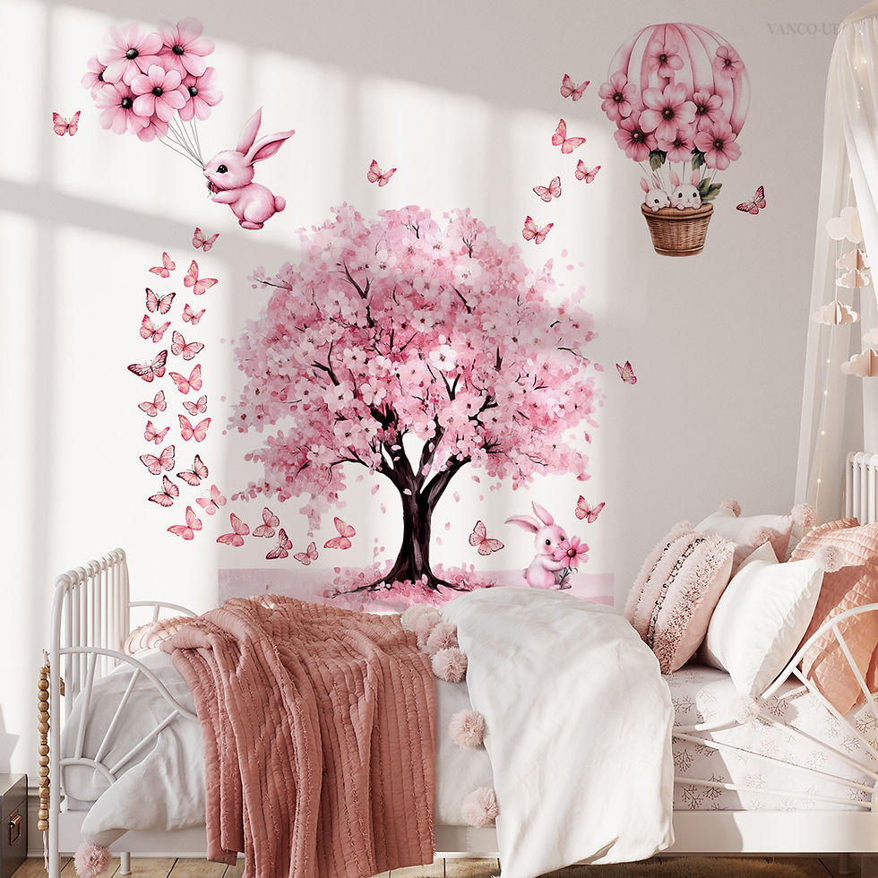 Thumbnail: Cartoon Pink Flower Tree Rabbit Butterfly Wall Stickers For Living Room Bedroom 