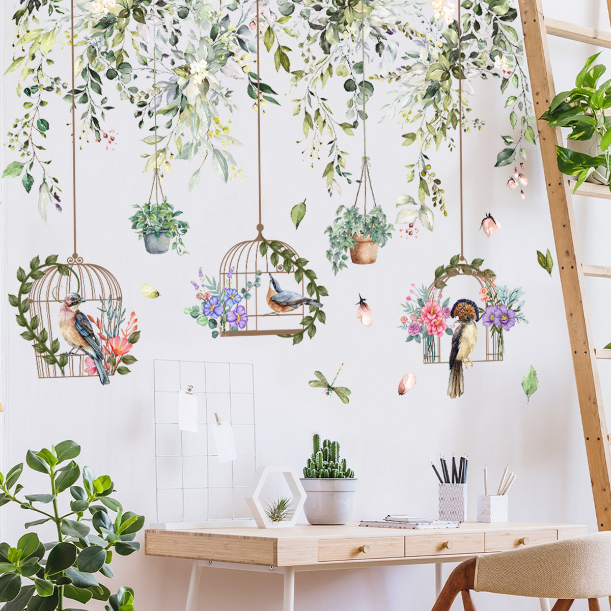 Green Leaves Plant Birdcage Wall Stickers Home Decoration Bedroom Living Room De