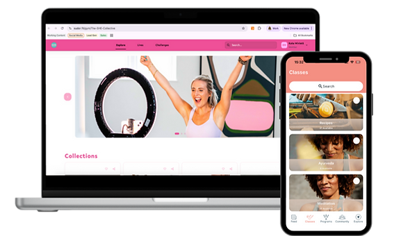 Laptop and mobile app previews showing a creator’s branded class collections and programme interface.