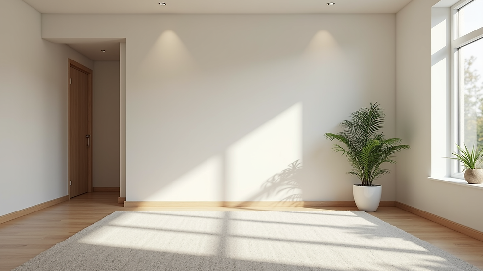 Eye-level view of a clean, newly constructed living room ready for occupancy