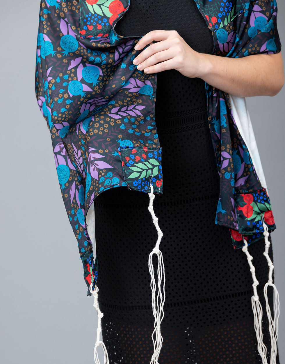 Thumbnail: Dark Purple and Red Pomegranate Tallit on Satin