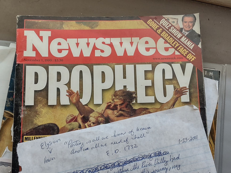 Photo of Newsweek magazine November 1999 and handwritten notes on white paper