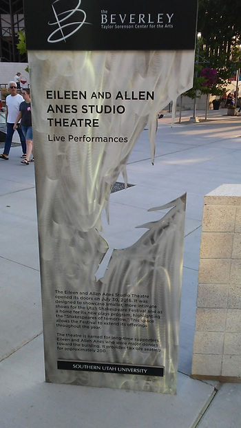 A tall plaque, outside, at the Utah Shakespeare Festival. Eileen and Allen Anes Studio Theatre. Live Performances