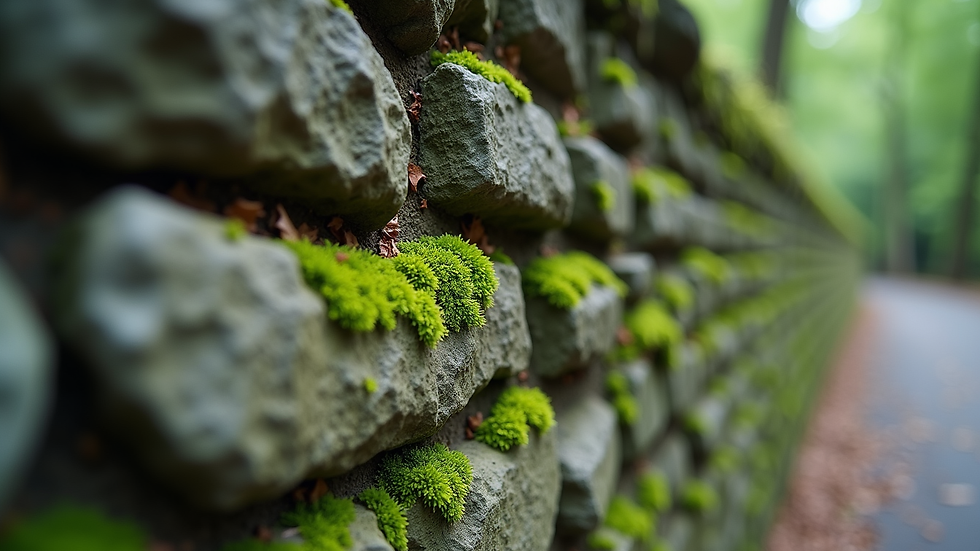 Close-up view of stone wall with moss and algae before cleaning