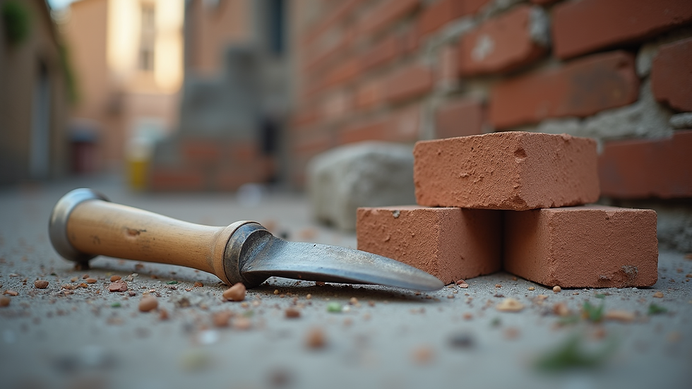 Close-up view of masonry tools and bricks on site