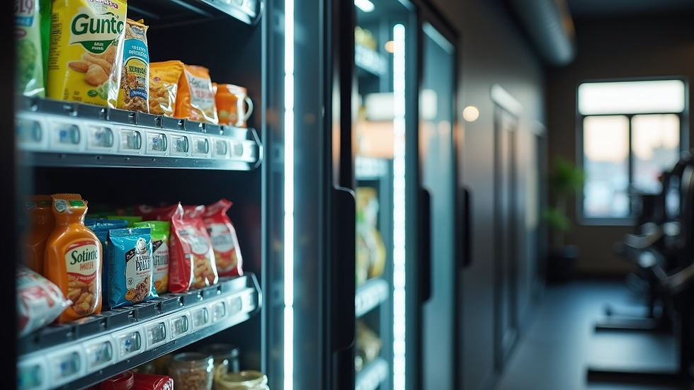 Close-up view of a vending machine stocked with healthy snacks in a gym setting