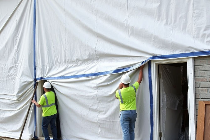 Construction workers secure a large tarp and plastic sheeting with wide waterproof barrier tape to create dust-proof barriers on a renovation site, demonstrating one of the strongest waterproof tape alternative uses for sealing tarps and construction areas effectively.