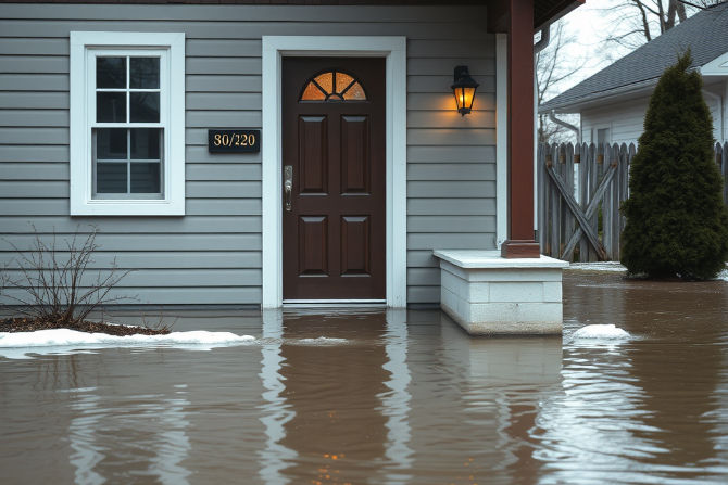 House door partially submerged in floodwater, showing how water seeps through weak entry points and highlighting the need for strong emergency flood protection measures.