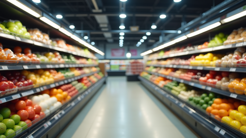 Close-up view of modular supermarket gondolas with fresh products