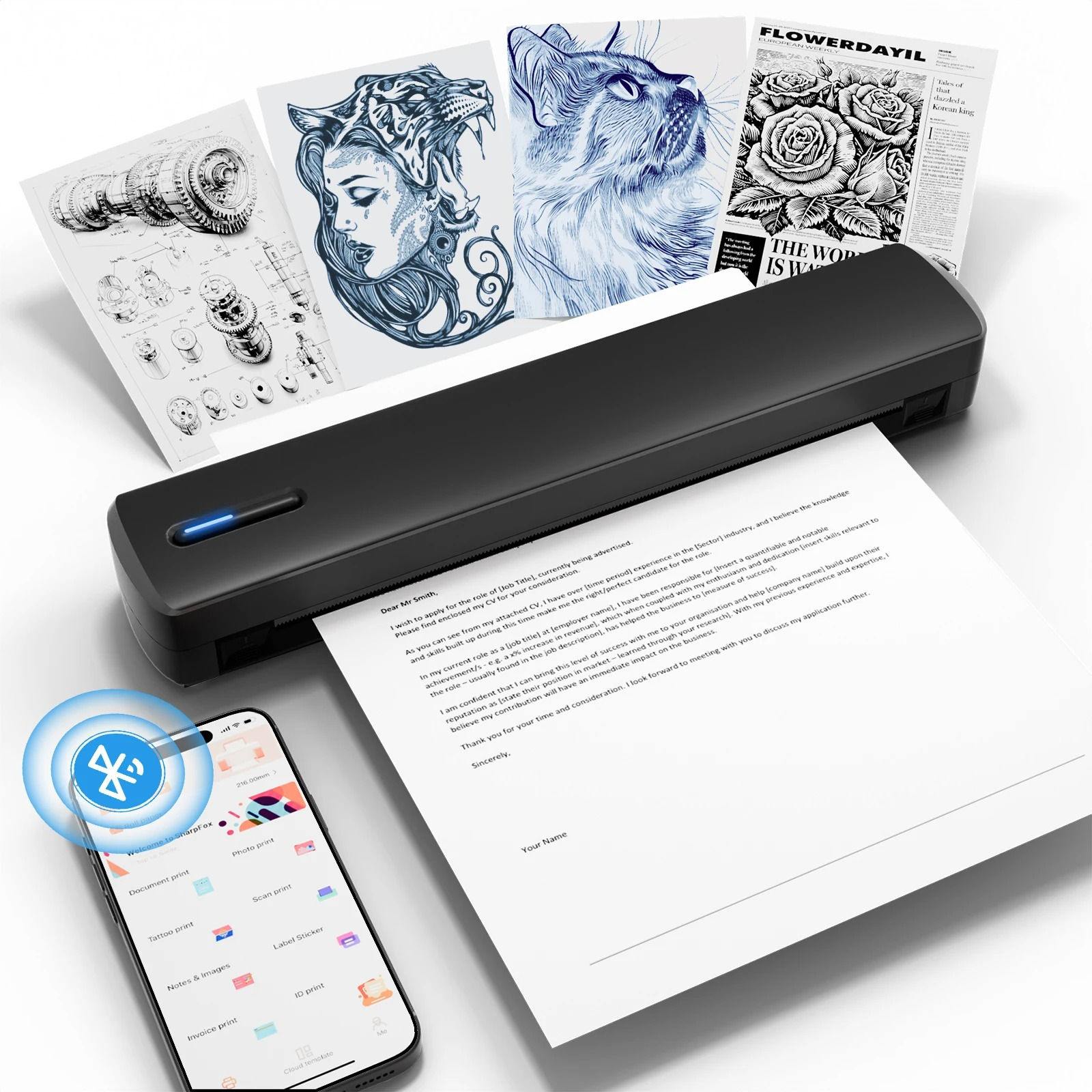 Portable A4 Thermal Printer Inkless Wireless C80 300DPI 1500mAh BT USB Type-C Fo
