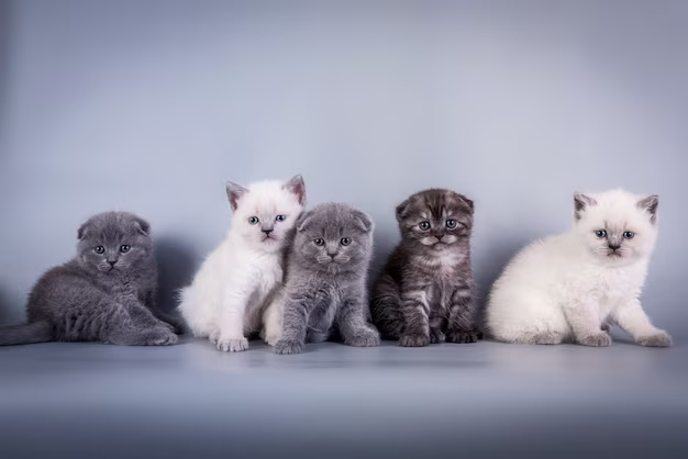 A litter of Scottish Fold and Scottish Straight kittens against a slate blue backdrop.