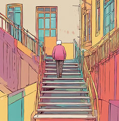 Elderly person climbing stairs facing away, colorful.jpg