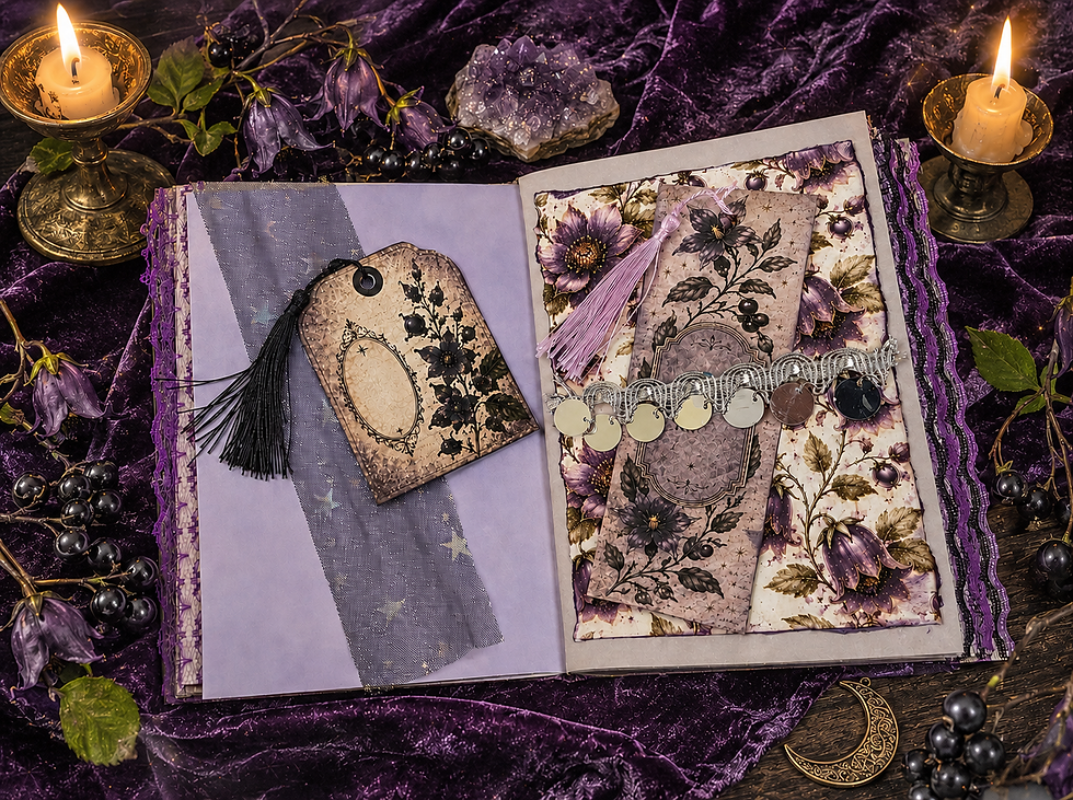 Thumbnail: Open Nightshade Keepsake Journal showing layered botanical pages, decorative pockets, removable tags, tassels, star-patterned