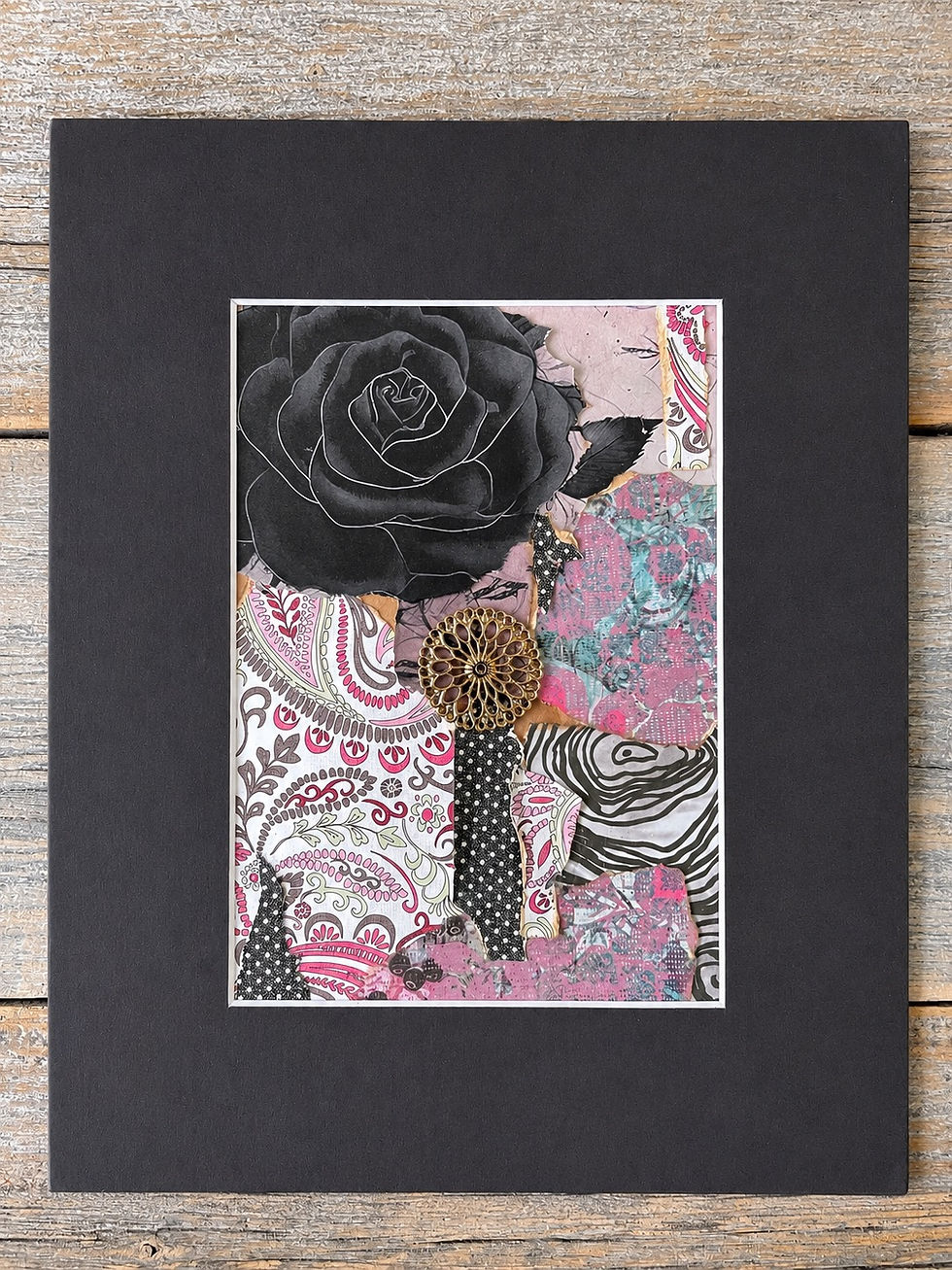 Thumbnail: Rebel Rose original mixed-media collage in a black mat.