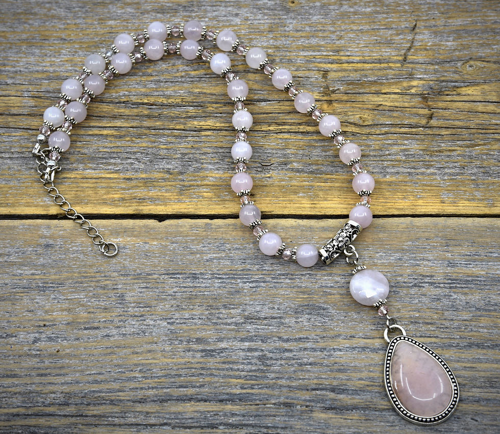 Thumbnail: Rose Quartz Tear Drop Pendant with Polished Rose Quartz Beads
