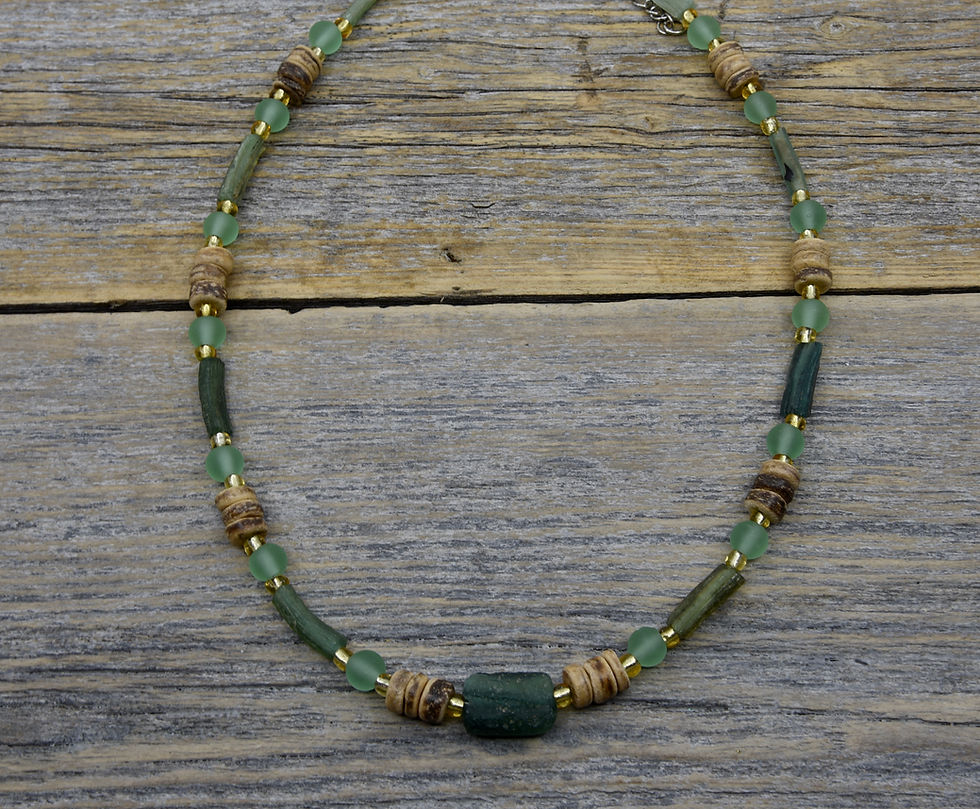 Thumbnail: Green Sea Glass and Driftwood Necklace.  Ancient Roman Sea Glass.