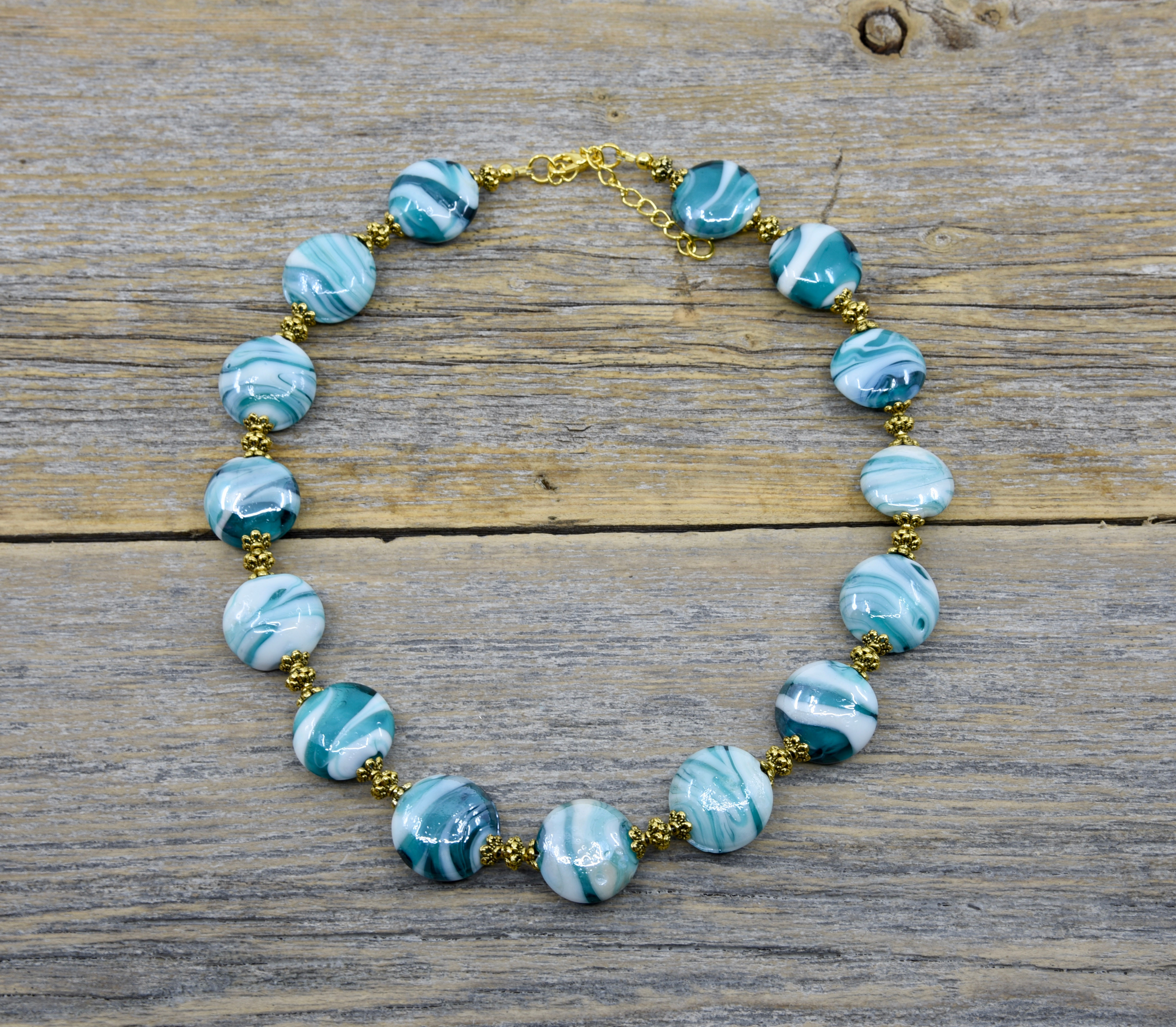 Aqua Blue and White Wave Necklace.