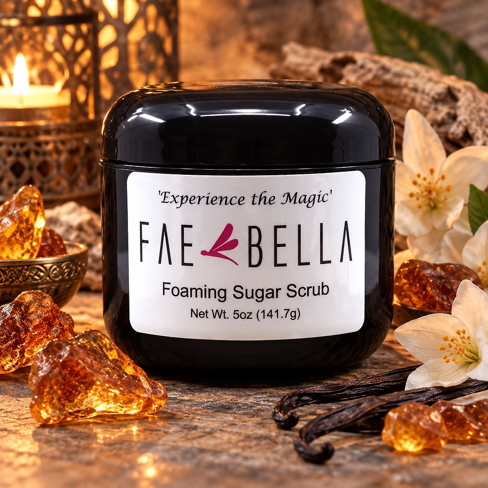 Thumbnail: Fae Bella Sensual Amber Foaming Sugar Scrub 5 oz with golden amber, lotus flowers and vanilla in a luxurious spa setting.