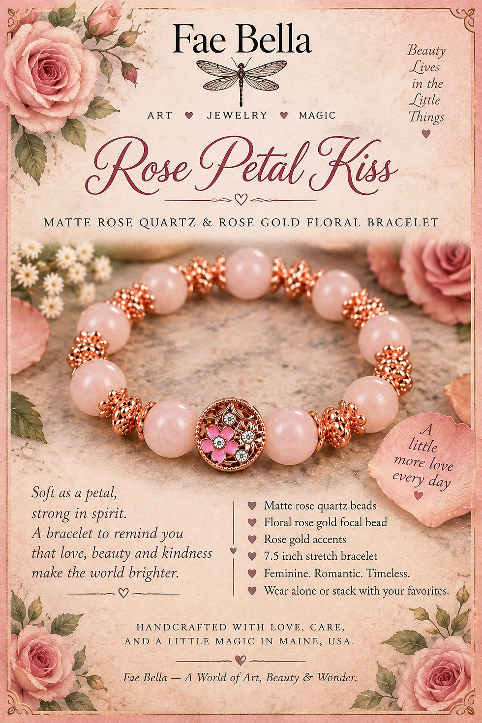 Thumbnail: Rose Petal Kiss matte rose quartz stretch bracelet with rose gold floral focal bead and ornate rose gold accents by Fae Bella
