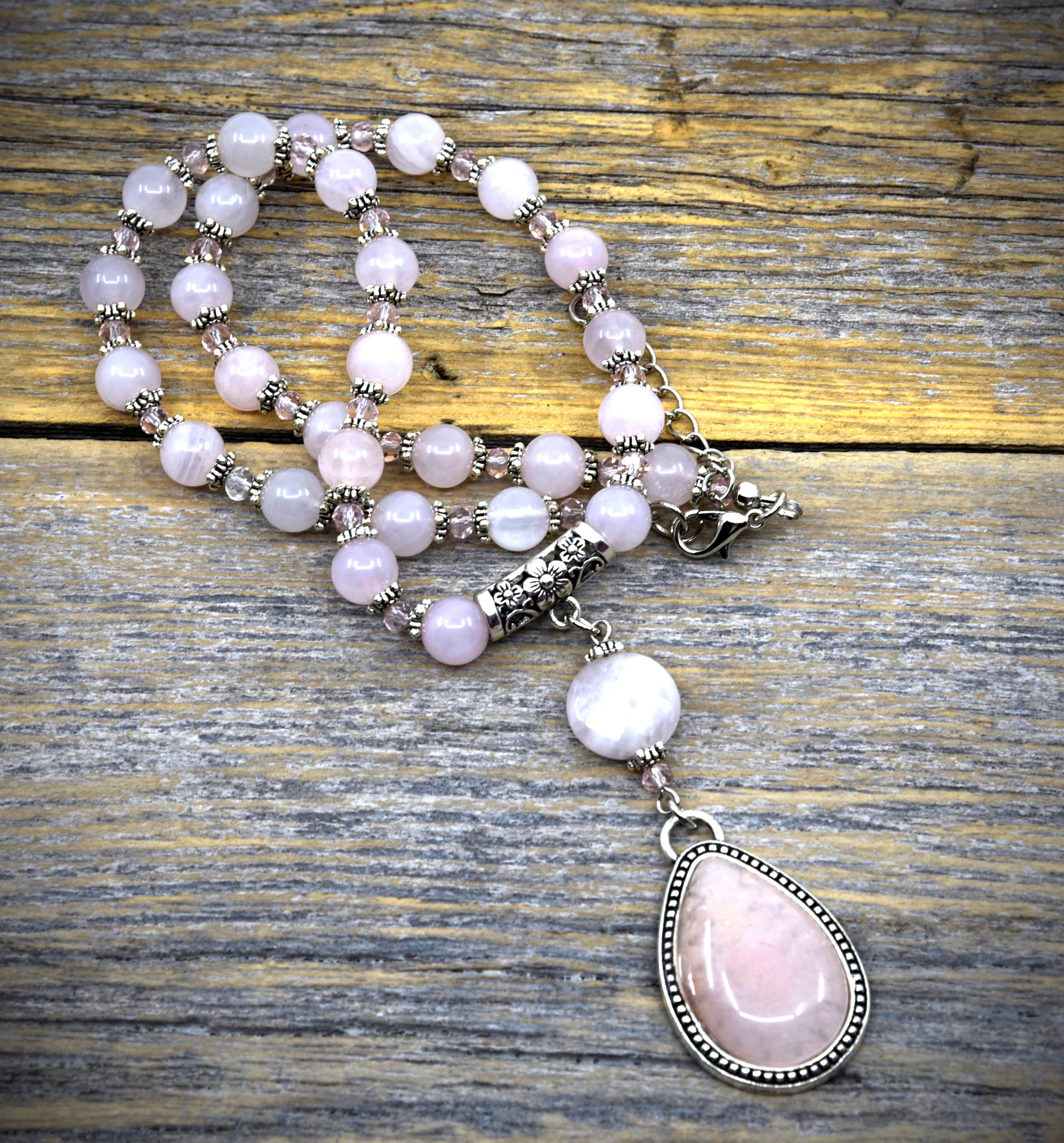 Rose Quartz Tear Drop Pendant with Polished Rose Quartz Beads